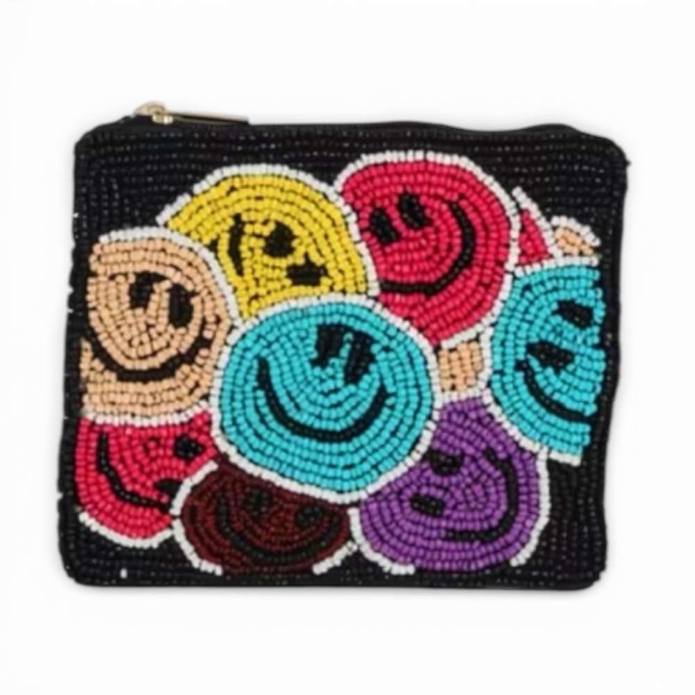 Viral Colorful Beaded Smiley Face Themed Coin Purse NWT